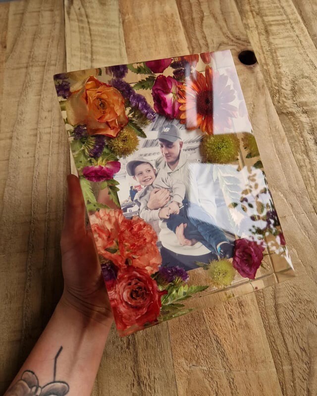 preserved funeral flowers in resin block